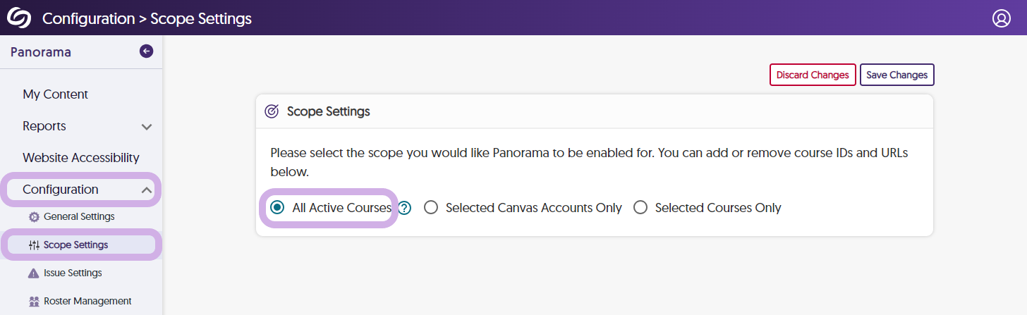 The Scope settings page is shown with All Active Courses selected.
