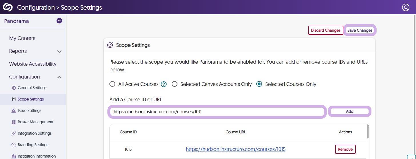 In the add a course ID or URL field, a URL is entered and the add and Save buttons are highlighted.