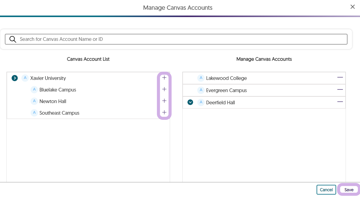 A list of Canvas accounts are shown with plus icons to add them into the managed canvas accounts list. The save button for the modal is highlighted.