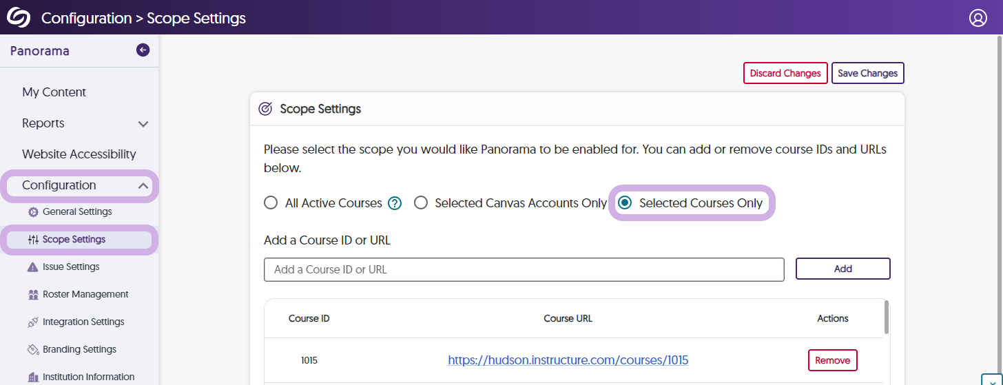 Panorama's scope settings page shows selected courses only selected.