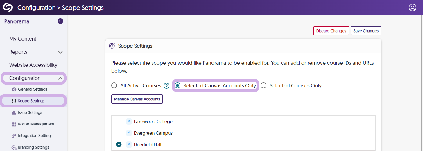 Panorama's Scope Settings page shows selected accounts only selected.