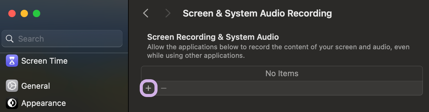 Security & Privacy window for Screen Recording. In the right of the window are a list of apps that have permission to record the screen. Plus button below the list is highlighted.