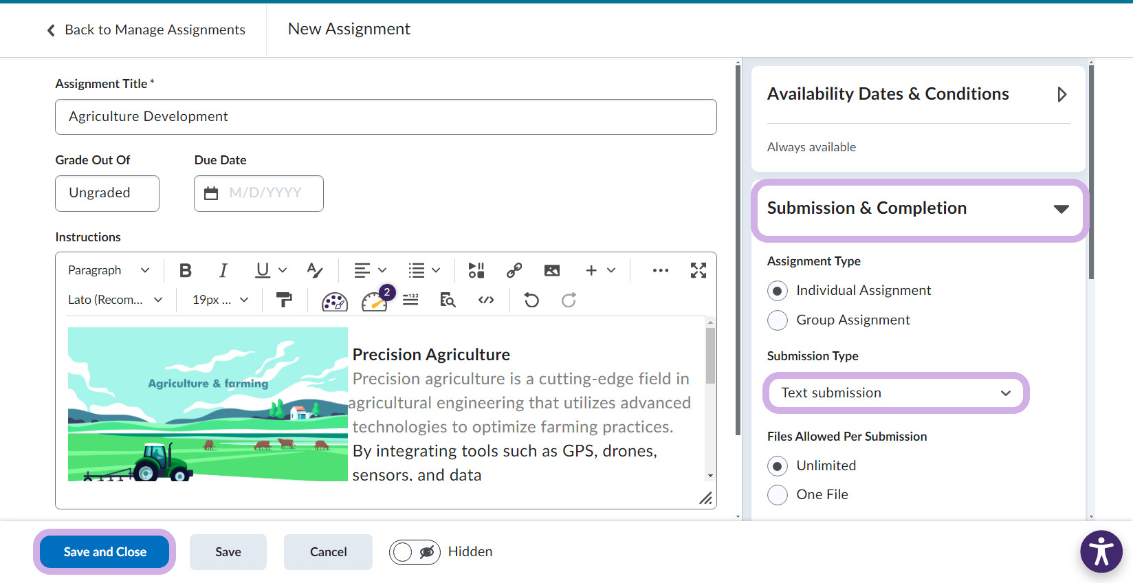 creating assignment in brightspace