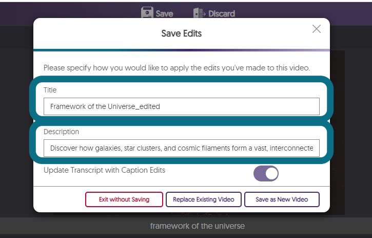 The Save Edits window with the Title and Description field highlighted.