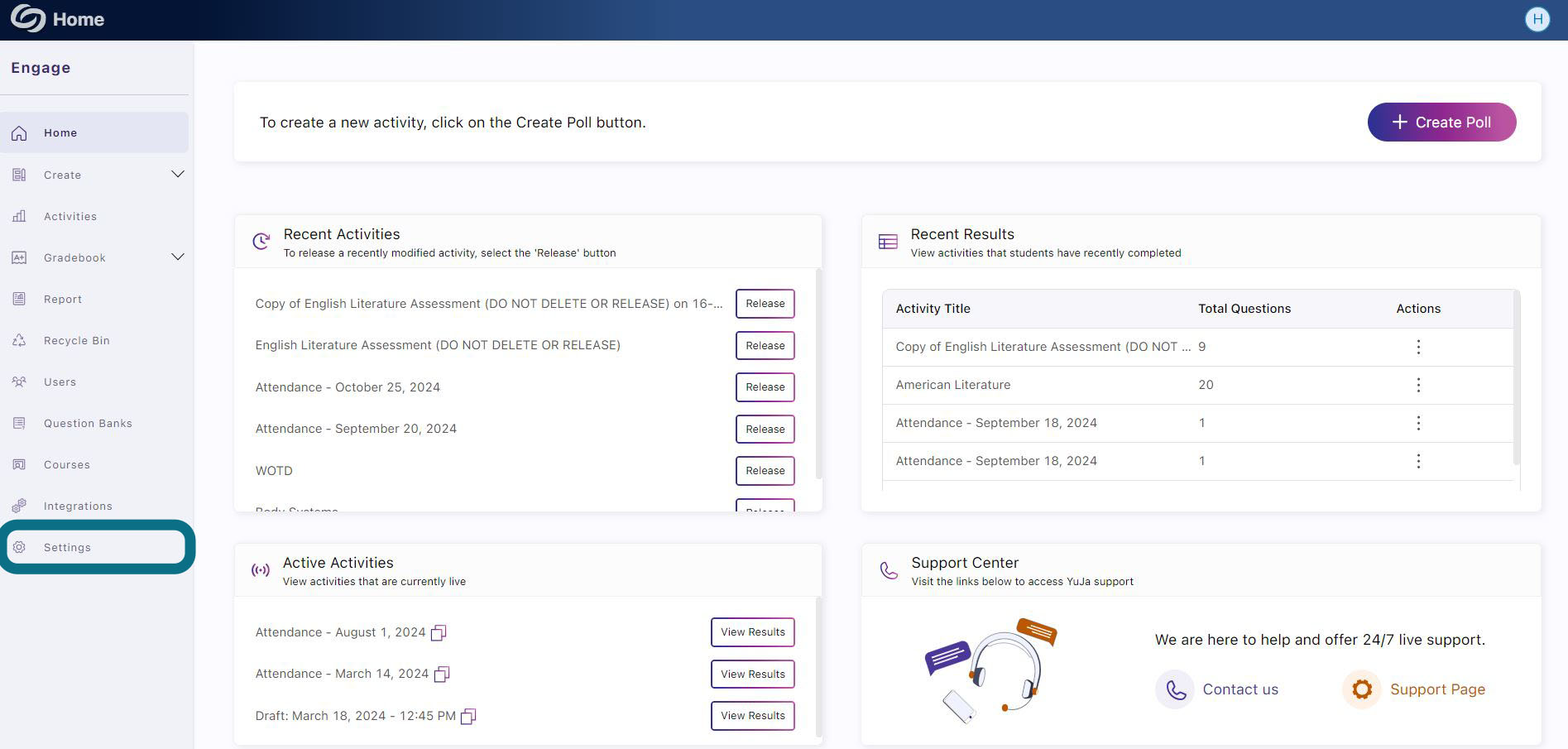 The home page of Engage highlighting the Setting button in the side panel.