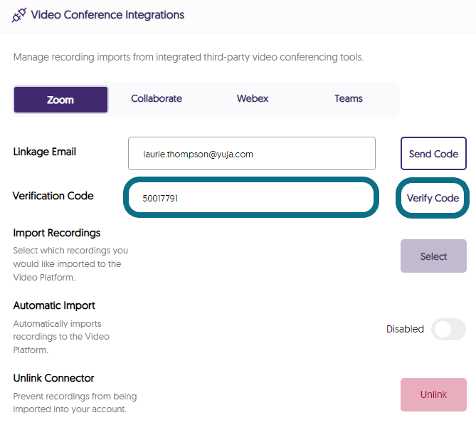 the verification code is shown entered for the zoom integration.