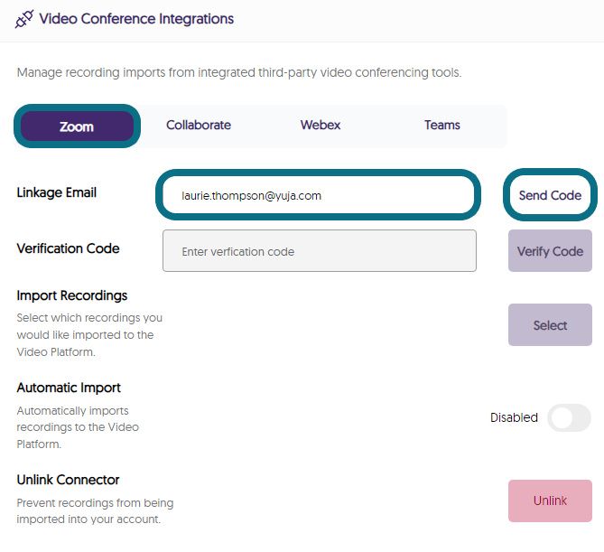 Within Vide Conference Integrations the linkage email option for Zoom is shown.