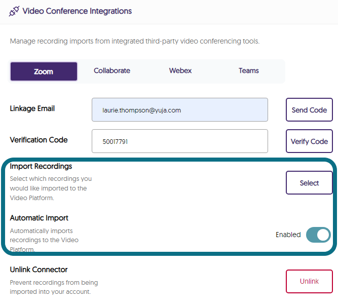 settings to import recordings and automatic import are shown for the Zoom integration.