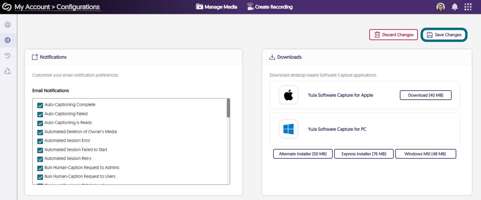 the save button for the Configurations page is shown.