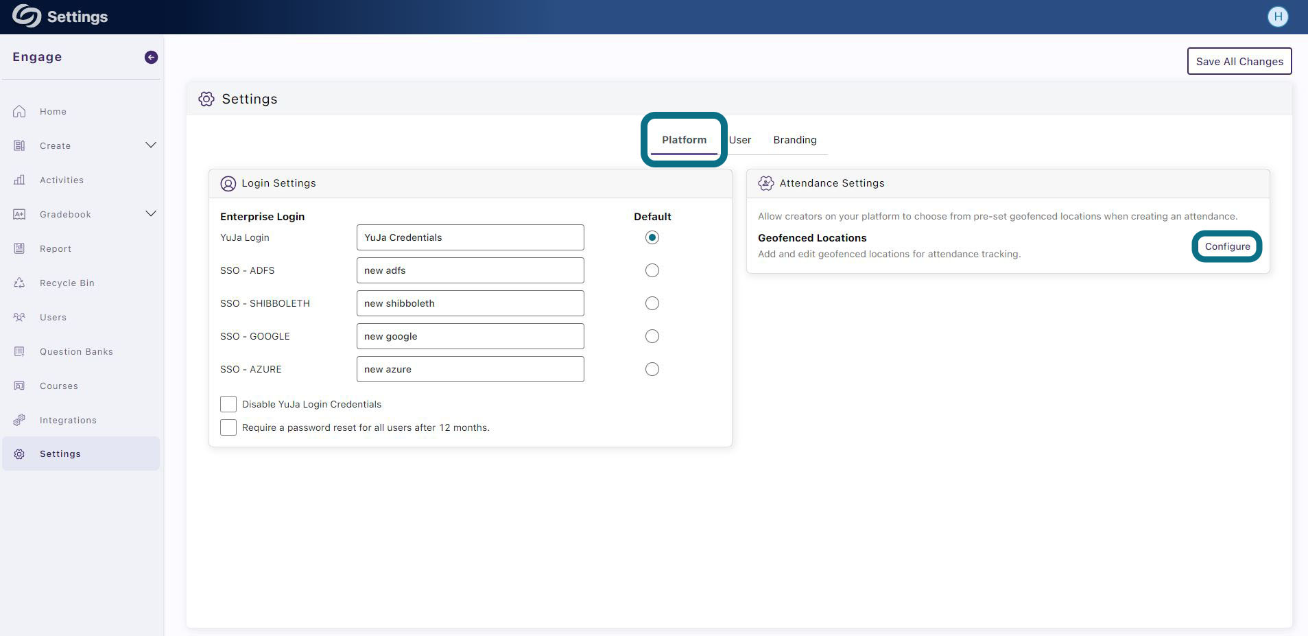The Setting page highlighting the Platform option and the Configure button.