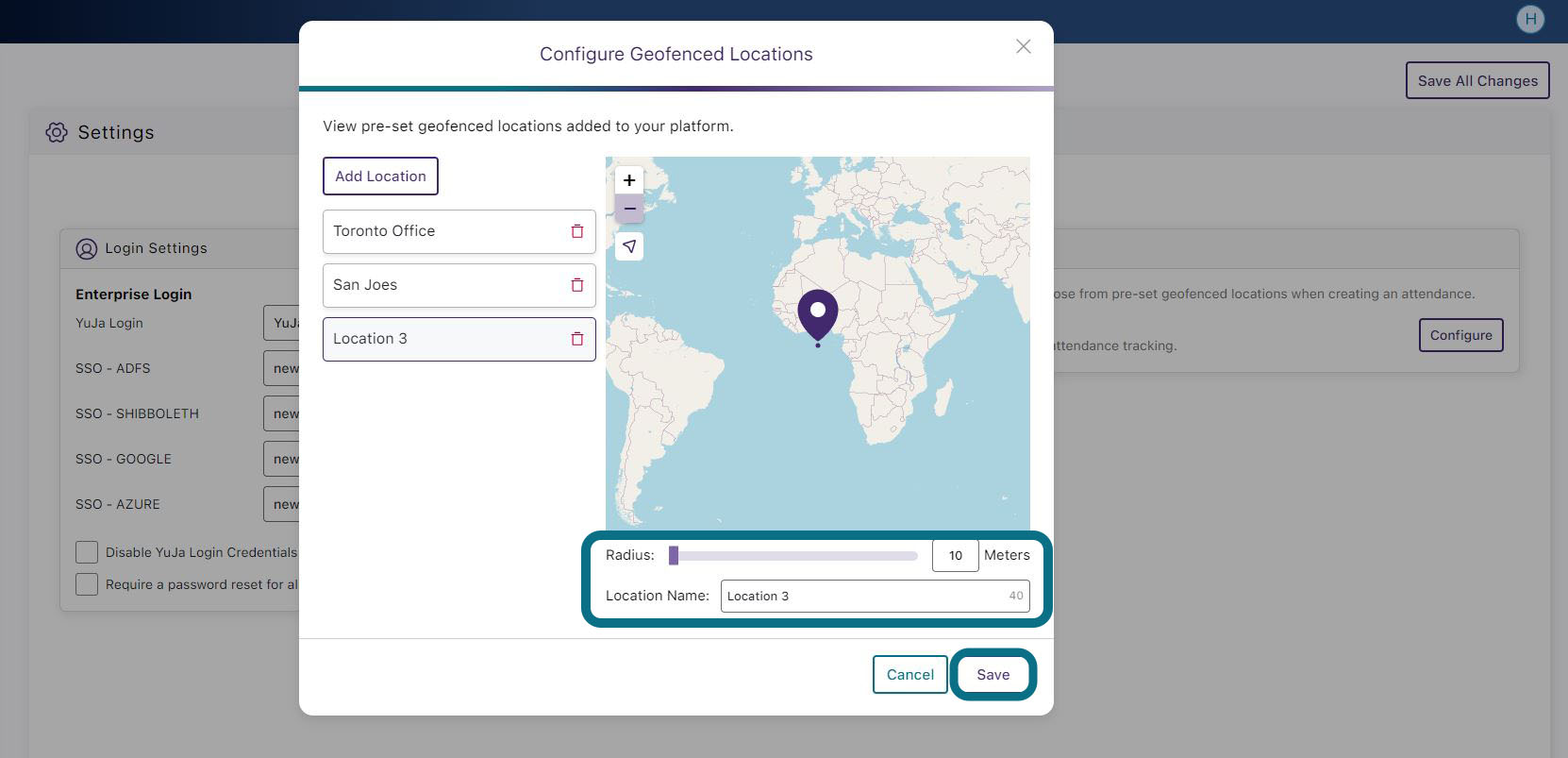 Geofenced Locations pop-up window highlighting the radius slider for adjusting the geofence size, the Location Name field and the Save button.