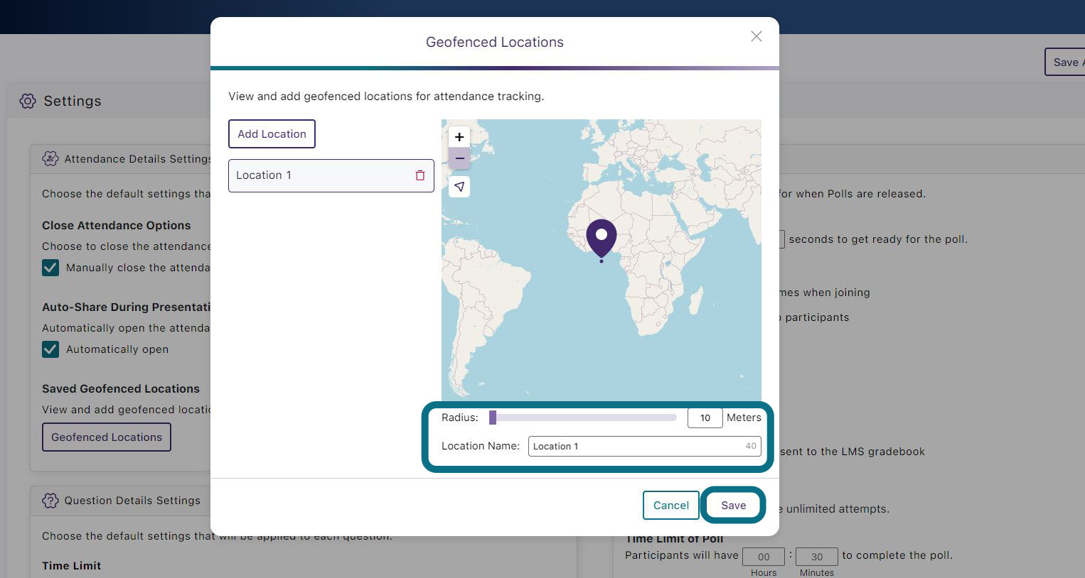 Geofenced Locations pop-up window highlighting the radius slider for adjusting the geofence size, the Location Name field and the Save button.