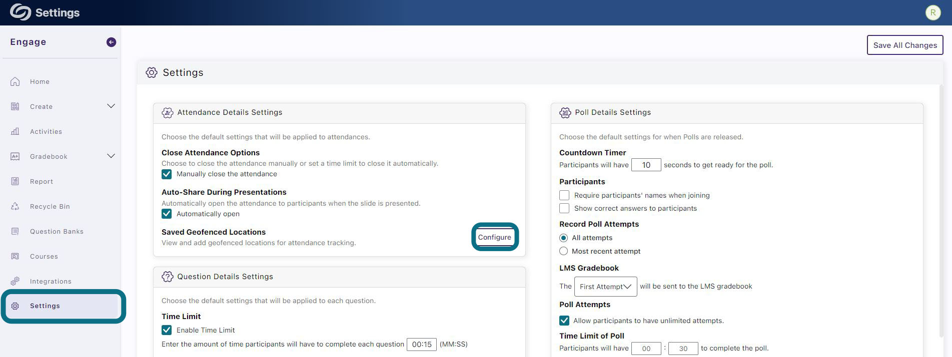 The Setting page of Engage with the Setting and Geofenced Locations button highlighted.