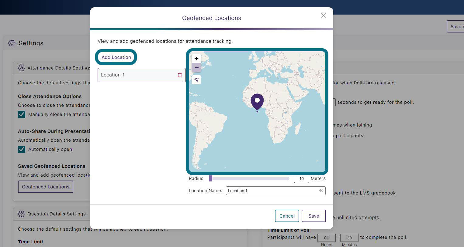 Geofenced Locations pop-up window highlighting the Add Location button, and a map for plotting locations.