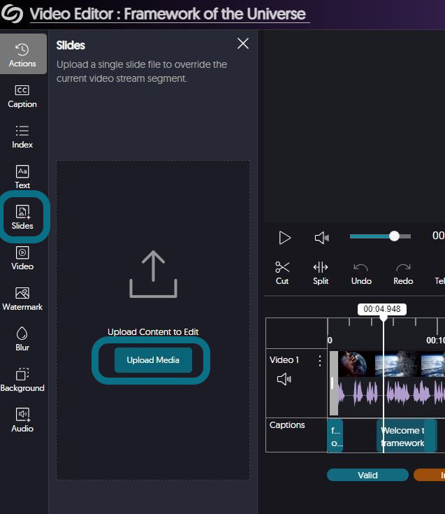 The slides panel with Slides and Upload Media button highlighted.