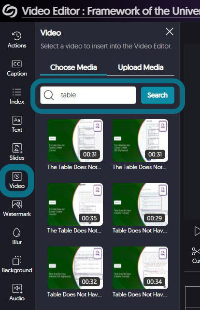The Insert Video panel with the Video button and the search bar highlighted.