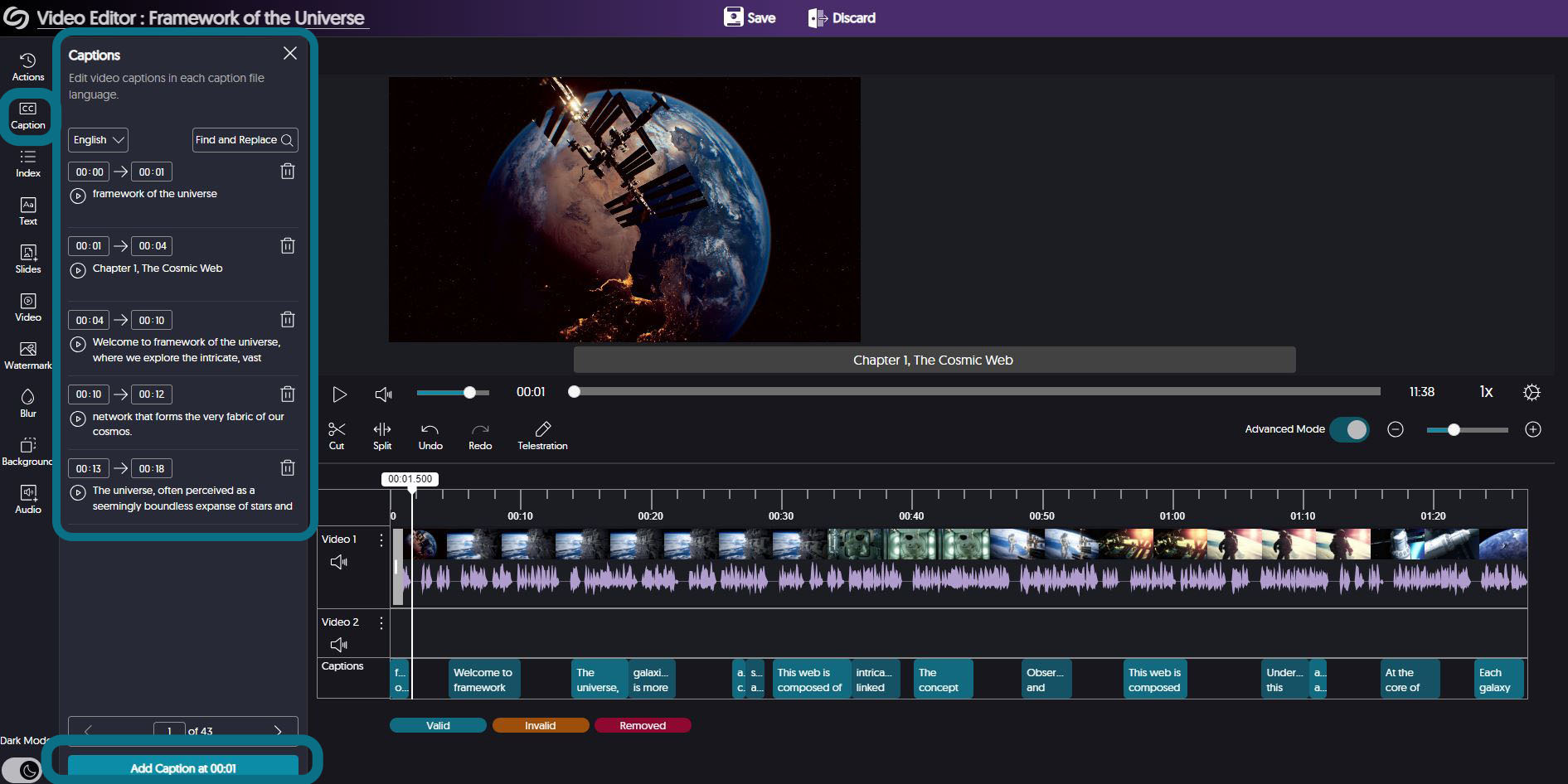 The video editor with the Caption button, Caption panel, and Add Caption button highlighted.