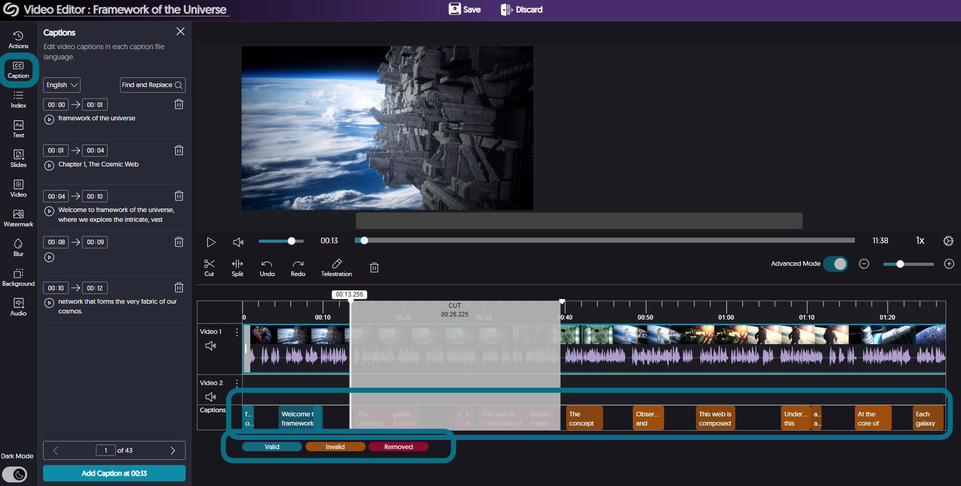 The video editor with the caption track and three statuses of caption highlighted.