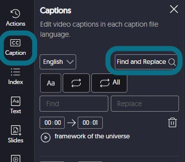 The caption panel with Caption button and Find and Replace search bar highlighted.