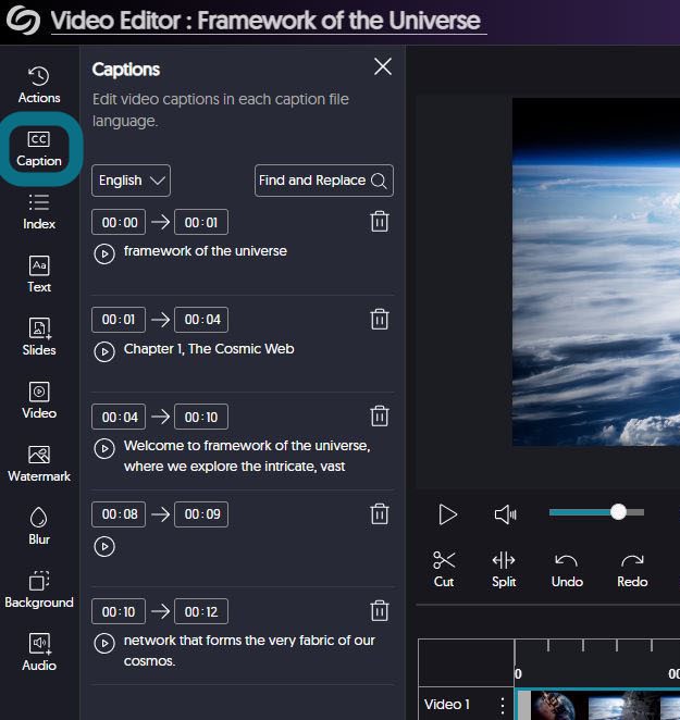 The video editor with the Caption button highlighted and Caption panel opened.