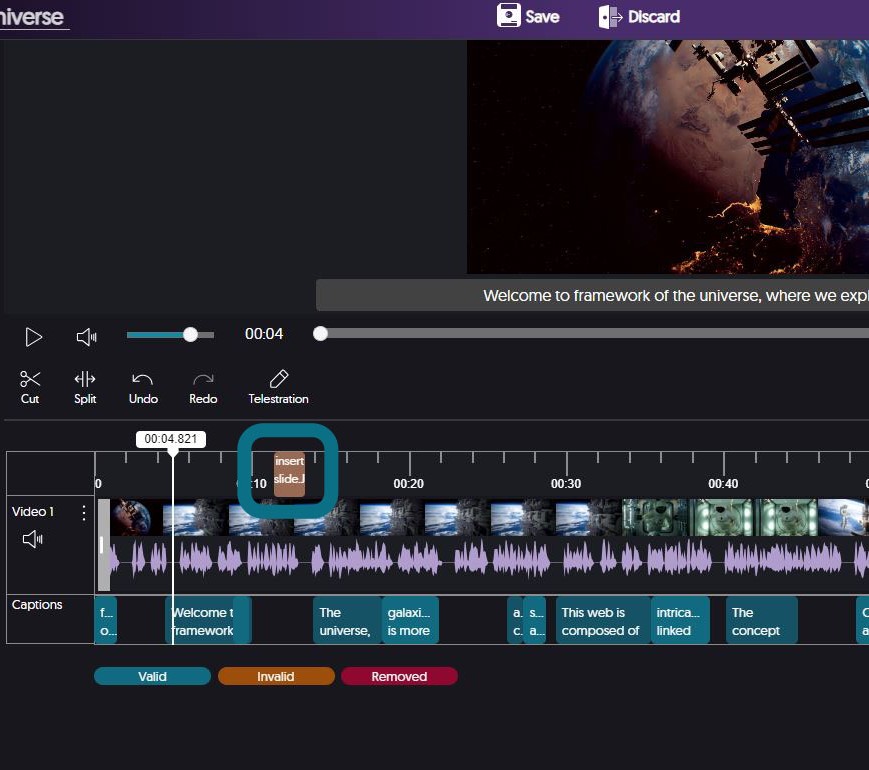 The video editor with the slide clip highlighted.
