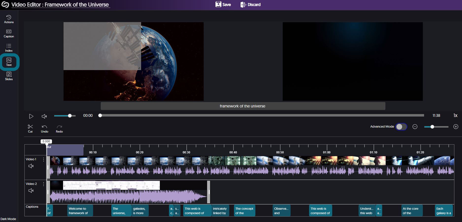 The video editor with the Text panel opened