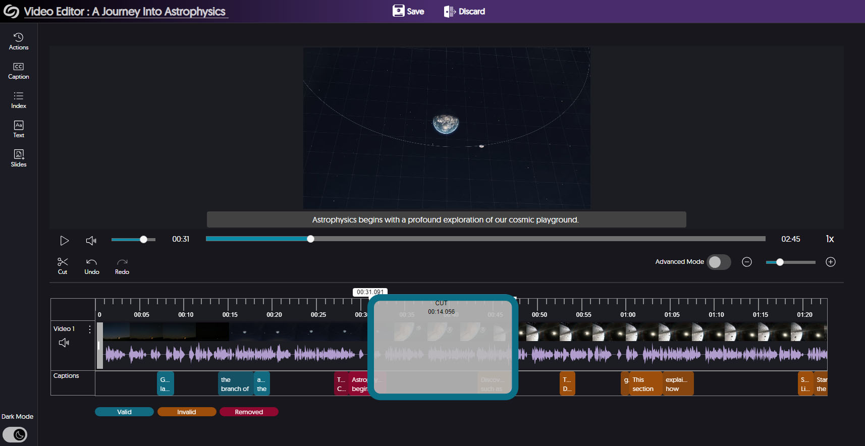 The video editor with the Cut area in the timeline of the video track highlighted.