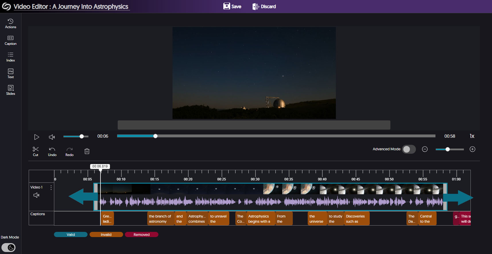 Video track timeline with the outward arrows at the beginning and end of the video track highlighted.