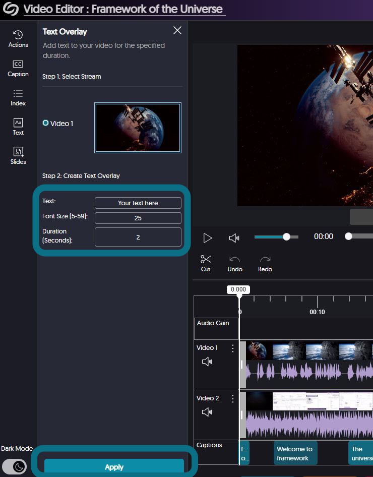The video editor with the Time, Font Size, and Duration field highlighted.