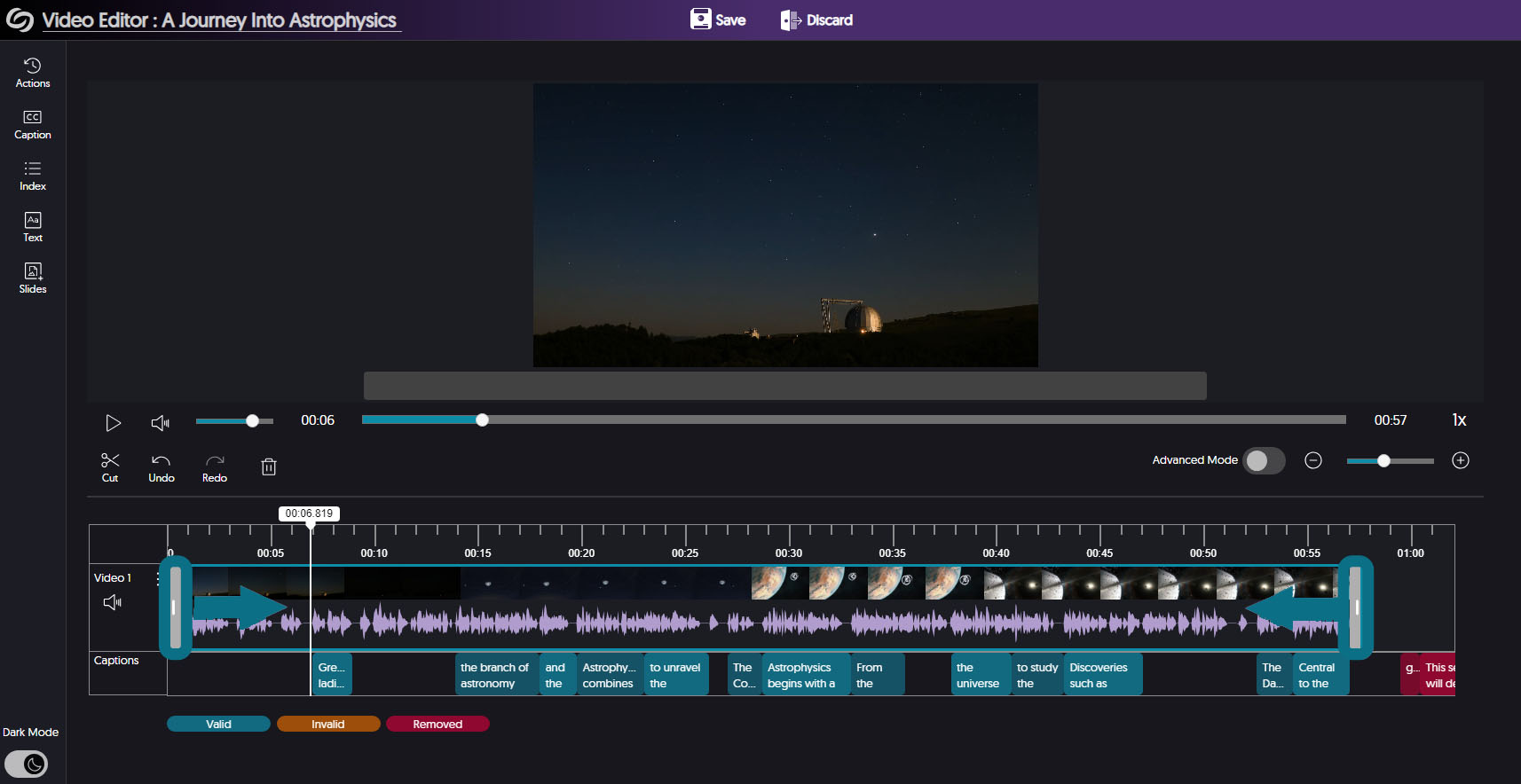 Video track timeline with the beginning and end highlighted, featuring inward arrows indicating trimming points.