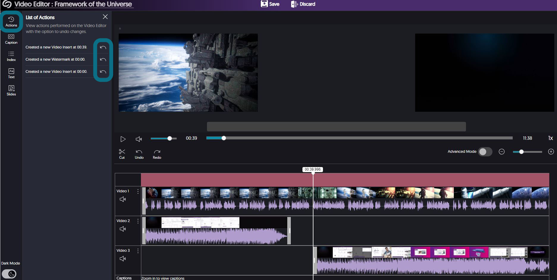 The video editor with the Action panel opened, highlighting the Action button and the Undo button.