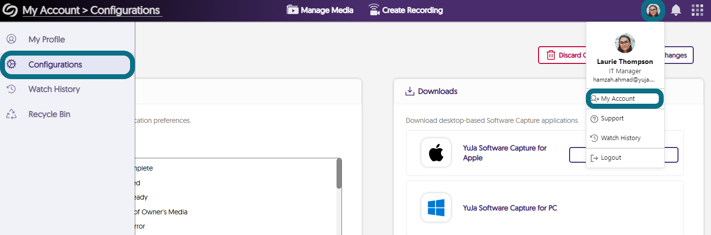 the configurations page is shown selected from the My Account page.