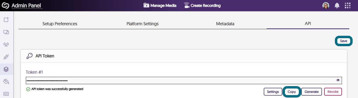 The save and copy button are shown for the API token.