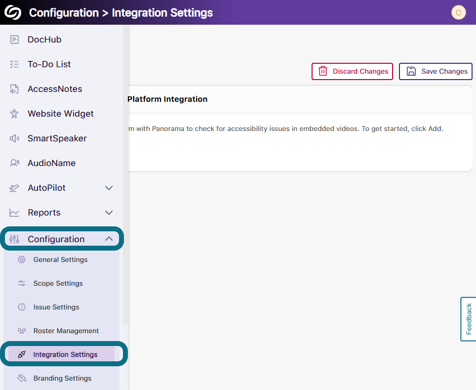 the integrations page is shown selected.