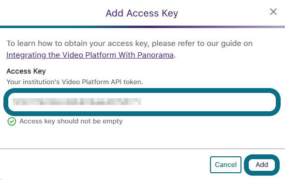 the API token is shown entered in the Access Key field.