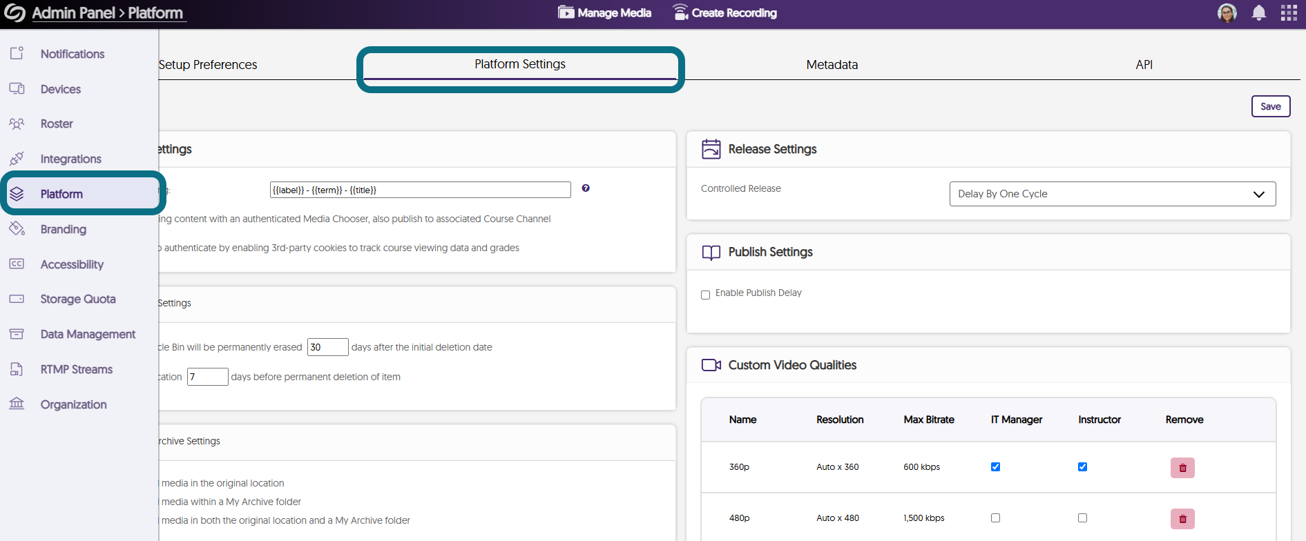 A view of the Platform Settings page in the Video Platform.