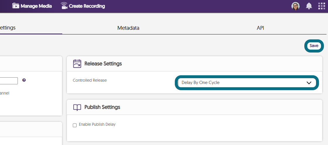 A view of selecting Delay by One Cycle in the Release Settings in the Video Platform.