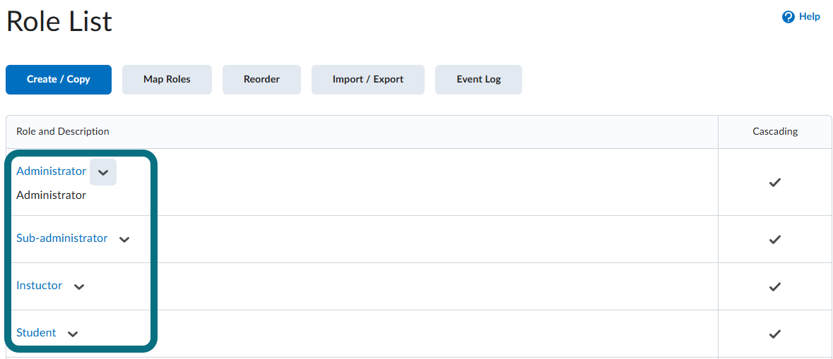 A view of the Role List page highlighting the Role and Description option.