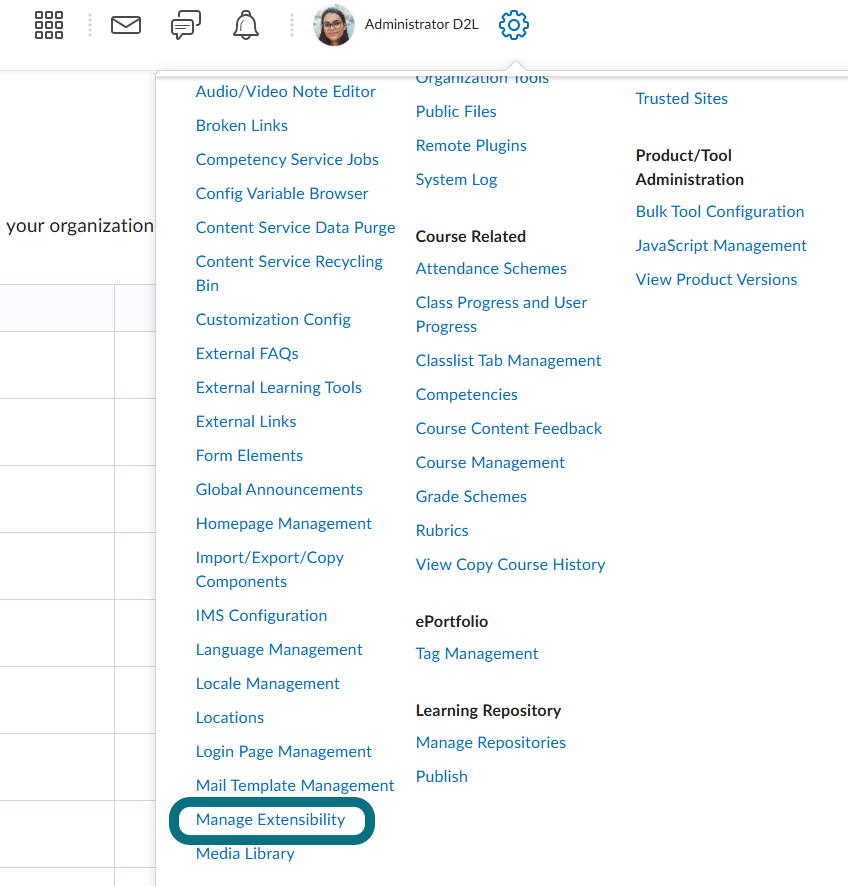 A view of the D2L Brightspace home page highlighting theManage Extensibility button.
