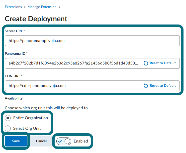 A view of the Create Deployment page highlighting the  Server URL, Panorama ID, and CDN URL fields, options for deployments, Enable toggle, and Save button.