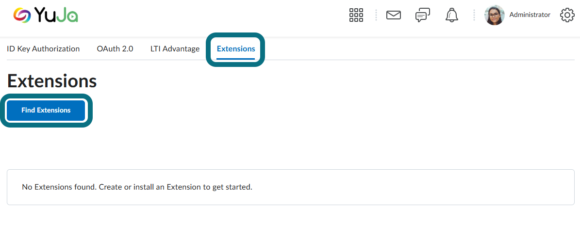 A view of the Extensions page highlighting the Extensions tab and Find Extensions button.