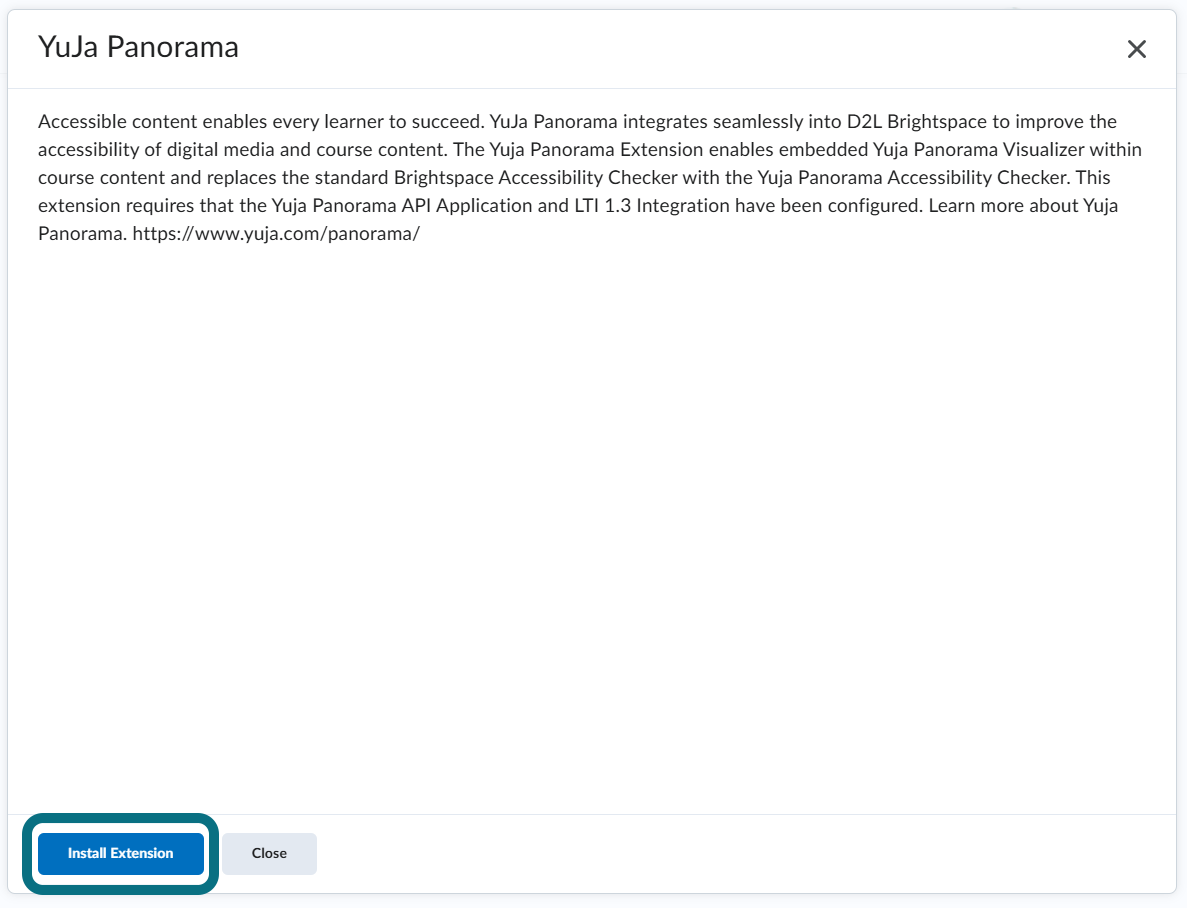 A view of the YuJa Panorama installation page highlighting the Install Extension button.