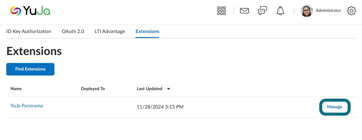 A view of the Extensions page highlighting the Manage button.