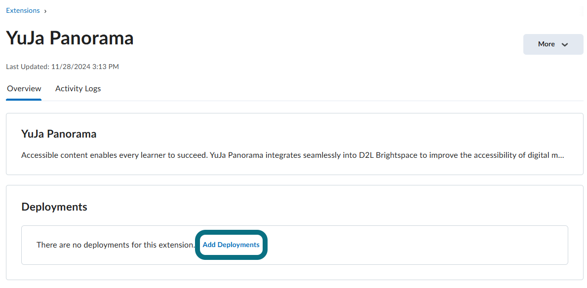 A view of the YuJa Panorama extension page highlighting the Add Deployments button.