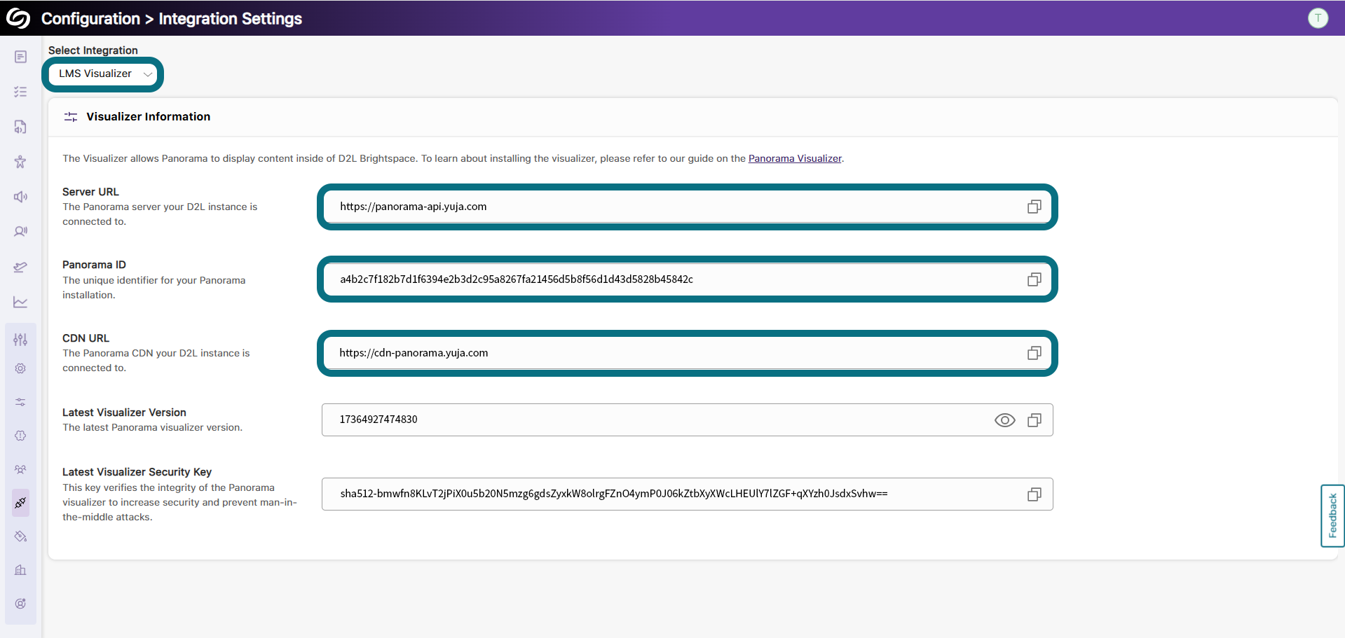 A view of the  Integration Settings page highlighting the Integration selection drop-down menu and the Server URL, Panorama ID, and CDN URL fields.