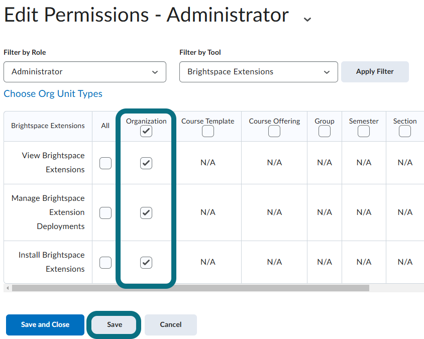A view of the Edit Permissions page highlighting the Organization column and the Save button.