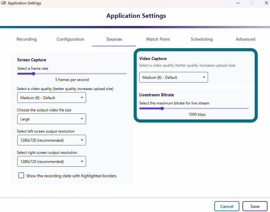 The Application Settings window highlighting the Video Capture section.