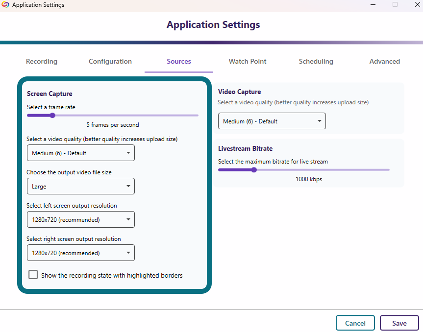 The Application Settings window highlighting the Screen Capture section.