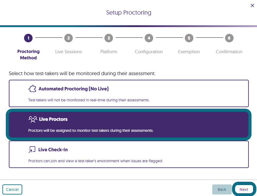 An image showing the proctoring method selection page when setting up proctoring in Verity.