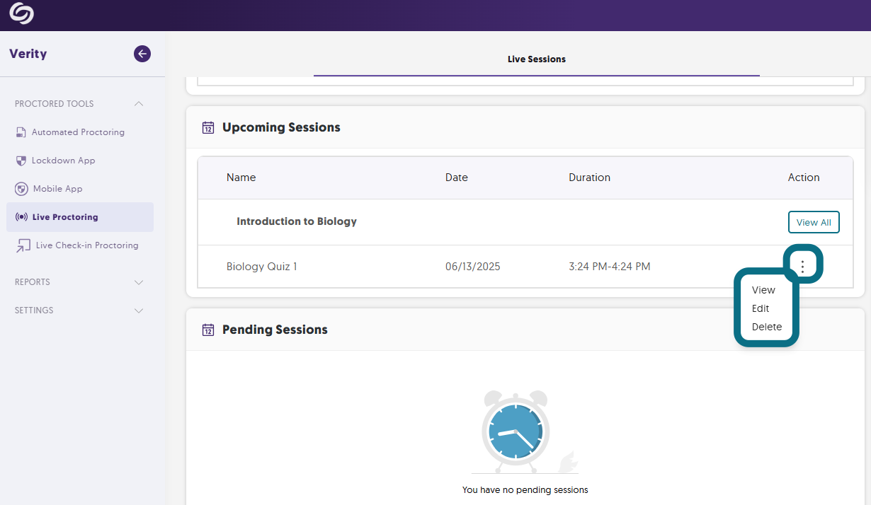 An image showing live session page in Verity, which allows users to view, edit, and delete their upcoming live session.